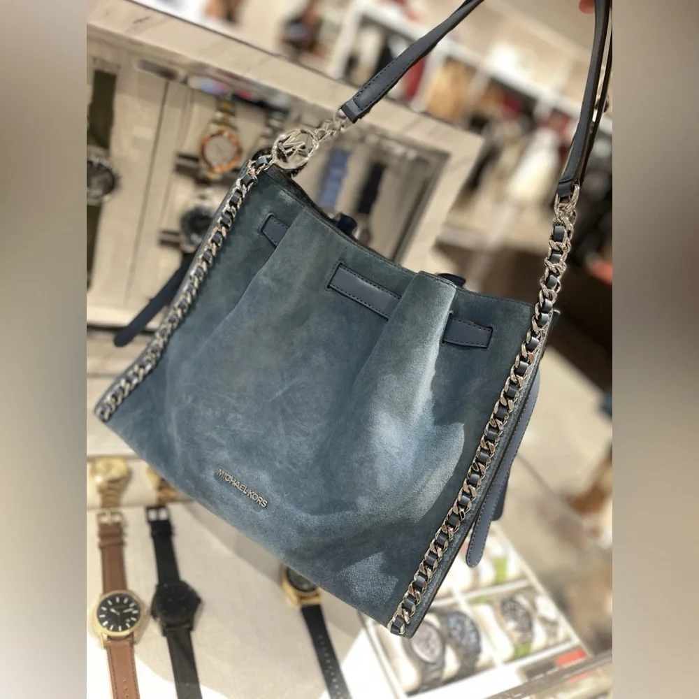 New Michael Kors Mina Large Suede Chain Shoulder Bag cornflower - Picture 1 of 9